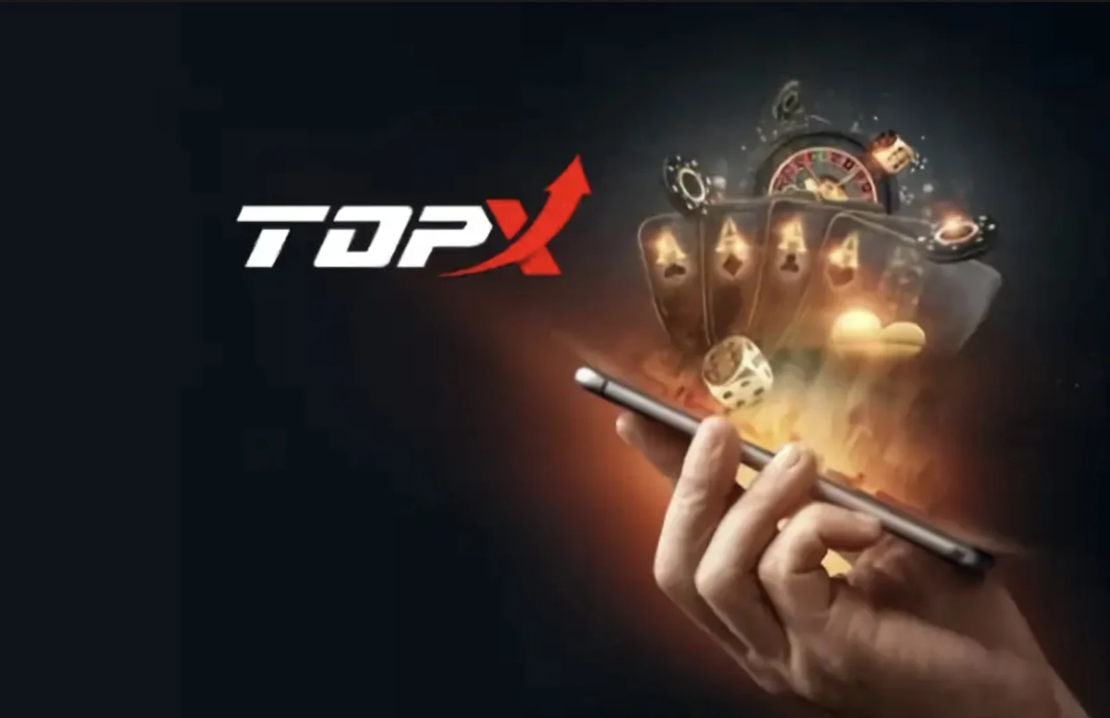 Celular exibindo cartas de baralho, com o logotipo da TopX ao lado
