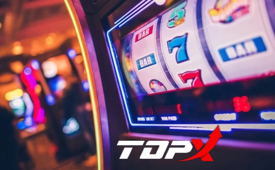 Detalhe de uma máquina caça-níqueis iluminada, com o logotipo da TopX no canto